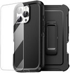 AICase Compatible with iPhone 16 Pro Case with Belt-Clip Holster and Glass Screen Protector, Heavy Duty Rugged Shockproof/Drop/Dust Proof 4-Layer Protective Durable Phone Cover, Black