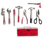 Melody Jane Dollhouse Red Tool Box & Metal Tools Miniature Garden 1:12 Shed Work Accessory