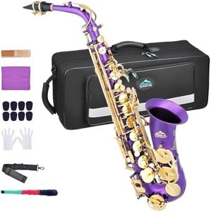 EASTROCK Purple/Golden Alto Saxophone E Flat Sax Full Kit for Students Beginner with Carrying Case,Mouthpiece,Mouthpiece Cushion Pads,Cleaning Cloth&Cleaning Rod,White Gloves,Neck Strap