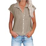 Women Button Down Shirts Summer Cotton Linen Cap Sleeve Tops V Neck Collared Work Blouses Dressy Casual Summer T Shirt (Medium,Khaki)