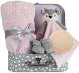 Baby Girl Gift Set New Born Baby Gift Baby Deer Fawn Security Blanket Soft Fleece, Suitcase Keepsake Box Blanket Booties & Baby Gift Basket – Unique Present for Baby Shower & Newborn Lovey