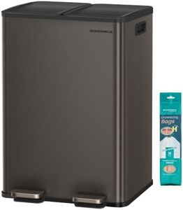 SONGMICS Trash Can, 2 x 8 Gallon (2 x 30 L) Dual-Compartment Garbage Can with Soft-Close Lid, Pedal and Inner Buckets, Stainless Steel, Includes 15 Liner Bags, Slate Gray ULTB741G01