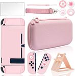 BRHE Cute Travel Carrying Case for Nintendo Switch / Switch OLED Accessories Kit with Hard Protective Cover, Glass Screen Protector, Adjustable Stand and Thumb Grip Caps 10 in 1 （Switch Pink