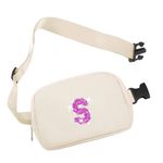 COSHAYSOO Small Waist Fanny Pack Belt Bag with Initial Letter Patch Adjustable Strap for Women Teen Girl Running Traveling Gym Hiking, Mini Crossbody Sling Travel Purse Trendy Preppy Pouch Ivory (S)