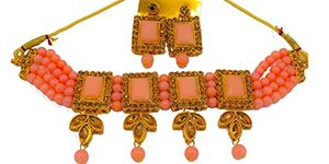 Aksh Creations Traditional Beads Chick Choker set with stunning Earrings (Peach)