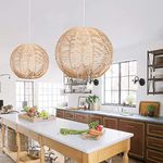 Round Rattan Pendant Light for Kitchen Island, Arturesthome Boho Wicker Chandelier Lighting, Handmade Woven Hanging Ceiling Light Lampshade for Living Room Bedroom