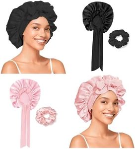 2er Set Seidenhaube zum Schlafen mit 2 Haargummis - Verstellbare Satin Haarhaube mit Elastikbund - Schlafhaube Seide Weicher Haarschutz Nachts für Locken & Lange Haare, Duschhauben