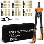 BLOSTM 14" Rivet Gun Set - Rivnut Tool Kit with 150 Rivet Nuts & 6 Metric Mandrels (M3, M4, M5, M6, M8, M10), Heavy Duty Hand Rivet Nut Tool Set - Ideal for Auto Repairs, DIY - With Storage Case