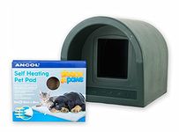 The Original Mr Snugs Katden® Plastic Outdoor Cat Kennel House & Ancol Self-Heating Pet Pad - Dark Green