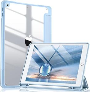 Witzon Compatible with Apple iPad 9th Generation Cover with Pencil Holder, Clear Transparent Back Shockproof Protective Smart Covers for iPad Case 10.2 inch 9th 8th 7th Gen (2021/2020/2019), Sky Blue