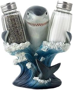 Decorative Great White Shark Glass Salt and Pepper Shaker Set with Holder Figurine for Beach Bar or Tropical Kitchen Decor Sculptures & Table Decorations by Home 'n Gifts