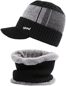 SEYUFN Casquettes Homme d'hiver Écharpes Chaud de Cou Ensemble Tricoté Polaire Bonnets Élastique Ski Neige Chapeau Garçon pour Activité en Plain Air(A#Double Couche-Noir en Deux Parties)