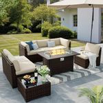 VONZOY 8 Pieces Outdoor Patio Furniture Set with 44" Fire Pit Table Rattan Sectional Conversation Sets w/Gas Fire Pit, Coffee Table, 2 Waterproof Covers, Khaki