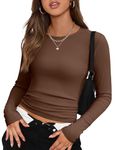 Zeagoo Womens Long Sleeve Stretch Crewneck Ribbed T-Shirt Fitted Casual Basic Tops Brown Back to School Clothes for Teen Girls