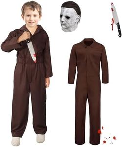 Michael Myers Kids Set Costume Halloween Mike Cosplay Kids Michael Myers Mask Horror Killer Jumpsuit Coveralls Costume Props with Knife for boys gilrs(brown, L)