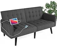 TYBOATLE 65" Modern Fabric Linen Upholstered Convertible Folding Futon Sofa Bed w/ 2 USB, Tufted Foldable Loveseat Couches for Compact Small Space, Living Room, Apartment, Bedroom, Office (Dark Grey)