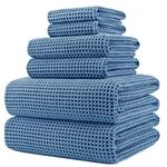 POLYTE Microfibre Oversize, 76 x 152 cm, Quick Dry Lint Free Bath Towel Set, 6 Piece (Blue, Waffle Weave)