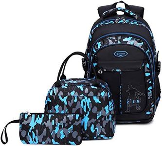 Kids Boys Backpacks Elementary School Camouflage Bookbag 3pcs Set with Lunch Bag (Blue)