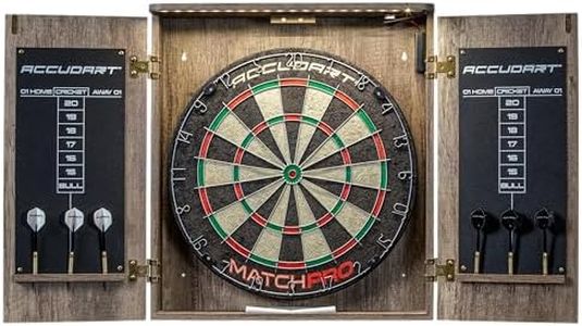 Accudart Match Pro Dartboard Cabinet Set - Official Size - Self Healing Sisal - Modern Style Woodgrain - Two Built-in Dartholders - LED Lighting - Includes Scoreboard, Chalk, Eraser, and Six Darts