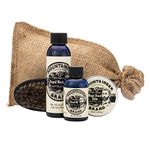 Beard Grooming Care Kit for Men by Mountaineer Brand | Natural Nourishing Beard Oil (2oz) Conditioning Balm (2oz) Wash (4oz) Brush | Pine Tar Scent (with Eucalyptus and Lavender)