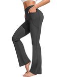 PINSPARK Women's Bootcut Yoga Pants Ribbed High Waisted Elastic 31" Lenght Pants with Pockets Tummy Control Flare Leggings Dark Grey XL
