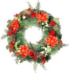 QBA 20 Inch Christmas Wreath for Front Door, Handmade Artificial Wreath with Red Poinsettias Pine Cones Berry Pine Needles for Fireplace Windows Staircase Wall Indoor Outdoor Xmas Decor