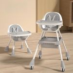 StarAndDaisy High Chair for Baby 6 Months to 5 Years/Adjustable Height Feeding Chair with 5 Point Safety Harness, Double Food Tray, Foldable Design, Quick Assemble & Wheels/High Chair for Baby (Grey)