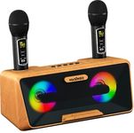 MASINGO Karaoke Machine for Adults and Kids with 2 Wireless Microphones, Portable Bluetooth Singing Speaker, Colorful LED Lights, PA System, Lyrics Display Phone Holder, and TV Cable. Presto G2 Wood