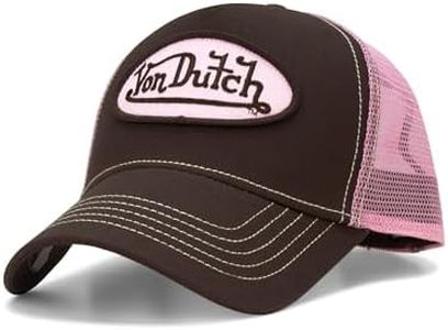 Von Dutch Unisex Trucker Hat - Curved Bill Mesh Back Retro Classic Adjustable Snapback Baseball Cap for Men and Women, Brown/Pink