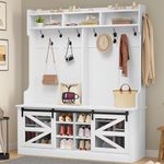 DWVO Hall Tree with Shoe Storage and Bench, Farmhouse Entryway Bench with Coat Rack, 16 Shoe Cubbies & 12 Coat Hooks, Freestanding Bench for Entryway Hallway, Sliding Barn Doors, White