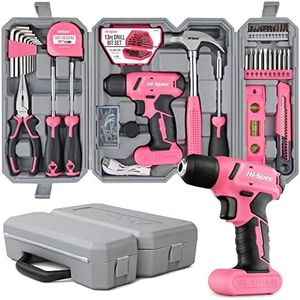 Hi-Spec 57pc Pink 8V USB Electric Drill Driver & Household Tool Kit Set With Variable Speed DIY Cordless Power Screwdriver