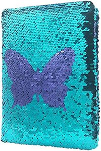 Reversible Sequin Notebook for Girls, 8.5 x 5.5 Inches 160 Lined Pages Kids Journal for Girls Diary Blue Flip Sequin Butterfly Notebook for Teenager Birthday Gifts for Girls and Boys 5 6 7 8 9 10