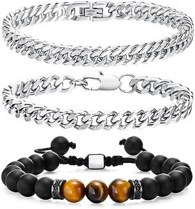 VNOX 3Pcs Pulsera Hombre Regalos Hombre Pulseras Acero Inoxidable Hombre y Piedra Natural Pulseras Amistad Regalo para Hijo Marido Amigos