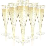 LATERN 54Pcs Plastic Champagne Flutes, 150ml Gold Glitter Champagne Glasses Reusable Stemmed Party Wine Cups for Garden Wedding Anniversary Shower Parties (5 x 17cm)