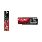 Colgate Slim Soft Toothbrush with Charcoal, 2 Count + Colgate Optic White with Charcoal Whitening Toothpaste, Cool Mint Black and White Striped Paste, 90