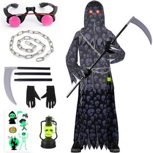 Halloween Deguisement Faucheuse Garcon Enfant Costume Faucheuse 5 6 7 ans avec Cape Faucheuse Noire Robe Squelette Deguisement Lunettes Rouges Faucille Déguisement Faucheur Enfant Grim Reaper Costume