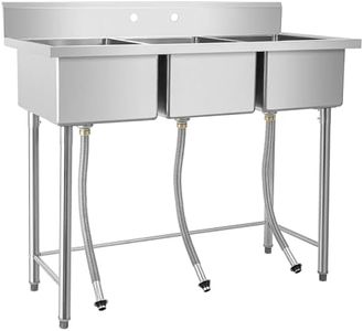 Freestanding Stainless Steel Sink 57x26x44", Commercial Stainless Steel Sink with Legs, 3 Compartment Kitchen Sink, Prep & Utility Sink for Home, Restaurant, Laundry, Garage, Workshop Sink, Outdoor