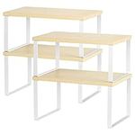 Counter Shelves Set of 4 Stackable Kitchen Cabinet Organizer Shelf and Expandable Wood Countertop Shelves for Bathroom Study Room, White