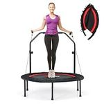 Goplus 40” Folding Fitness Trampoline, Portable Mini Exercise Rebounder 4-Level Height Adjustable Safety Handrail, 2 Resistance Bands, Indoor Outdoor Workout Trampoline for Adults Kids (Red)