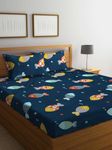 DECOMIZER Glace Cotton Wrinkle Free Soft Hypoallergenic Bed Sheet | Cartoon Printed Double Bedsheets King Size for Kids with 2 Pillow Cover (90x95 Inches/Navy Fish)