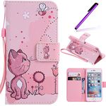 5S Case,iPhone SE Case,LEECOCO Fancy Paint Design Wallet Case with Card Slots Shockproof Colorful Floral PU Leather Flip Stand Magnetic Case Cover for iPhone 5 / 5S / SE with 1 Stylus Pen,Pink Cat