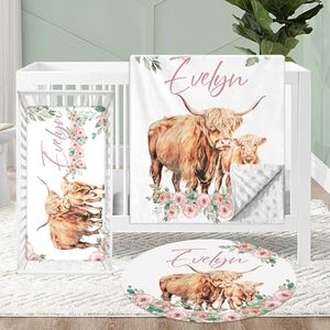 KAINSY Personalized Crib Bedding Set for Baby, Soft Baby Girl Nursery Bedding Crib Sets, 3 Pcs Double Layer Custom Name Baby Crib Set, Highland Cow Baby Bedding Set, Toddler Infant Customized Gifts