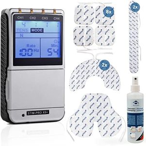 Electrostimulateur X9+ TENS EMS + 8 électrodes 5x5 cm + spray de contact + électrodes pour le dos, cou, épaules | Antidouleur, renforcement musculaire et massage | Dispositif médical certifié axion