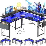 Cyclysio L Shaped Gaming Desk with LED Lights & Power Outlets, 47 Inch Corner Desk with Monitor Stand, Computer Desk with Storage Bag, Black