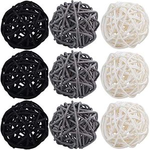 STMK 9 Pcs 3 Inch Wicker Balls Decorations, Rattan Balls Decorative for Home Decor DIY Vase Bowl Filler Ornament Baby Room Nursery Décor Wedding Table Decoration (Black, Grey, White)
