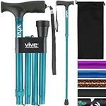 Vive Folding Cane - Foldable Walking Cane for Men Women - Fold-up Collapsible Lightweight Adjustable Portable Hand Walking Stick - Balancing Mobility Aid - Sleek Comfortable T Handles (Teal)