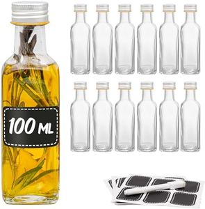 Praknu 12 Botellas Cristal 100ml con Tapón Rosca Hermético - Con 12 Etiquetas y Rotulador - Botella Vidrio para Licores Caseros, Aceite & Cerveza Artesanal