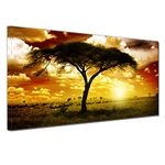 Large Artwork African Tree Sunset Landscape Bedroom Wall Art Panoramic Natural Animals Poster for Living Room Wall Decor Framed Canvas Print Kitchen Home Décoration Direct Hang 24x48inch