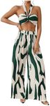 OYOANGLE Women's 2 Piece Outfits Graphic Print Knitted Crop Halter Top and Wide Leg Pants Set Dark Green Small