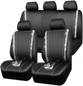 CAR PASS Bling Car Seat Covers Full Set, Shining Rhinestone Diamond Waterproof Faux Leather, Rear with Zipper, Universal Fit 95% Automotive Glitter Crystal Sparkle Strips for Cute Women Girl, Silver